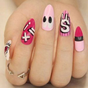 24pcsPink Graphic Cartoon Fake Nails w\Tape&File